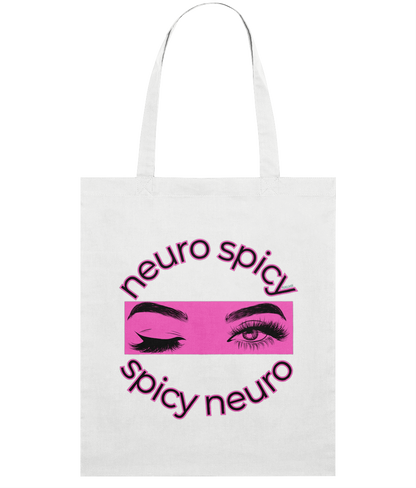 White tote bag with 'neuro spicy' and eye graphic design on a white background
