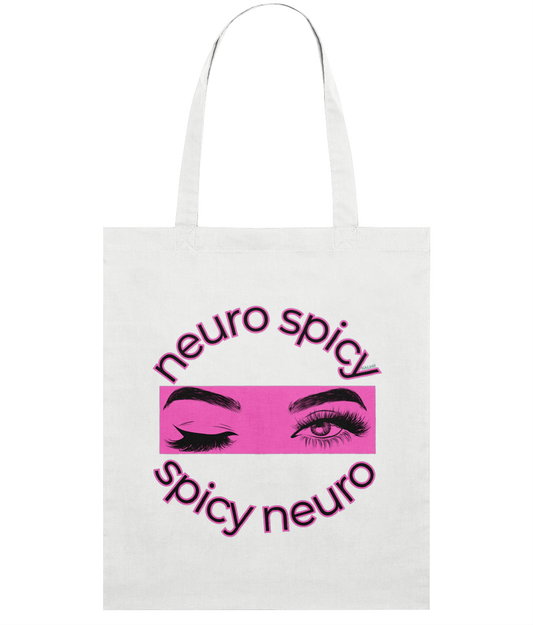 White tote bag with 'neuro spicy' and eye graphic design on a white background