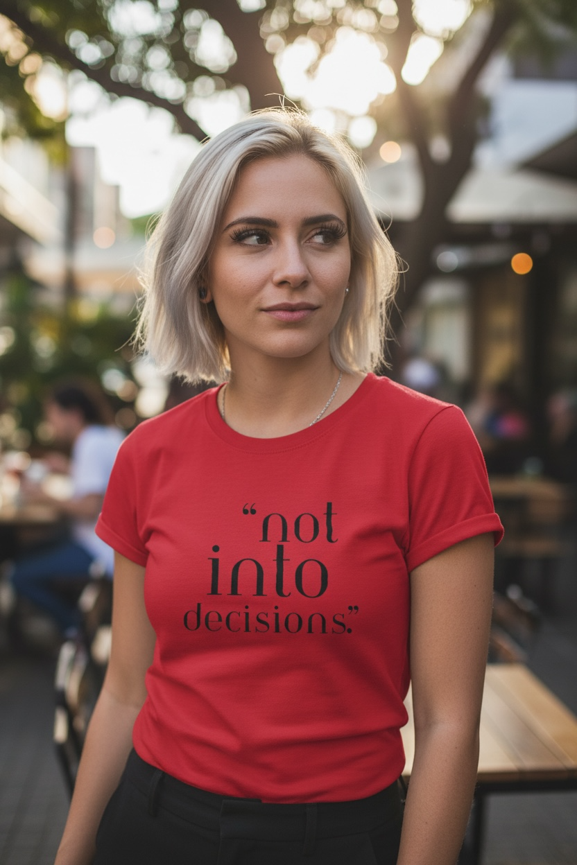 Woman wearing a red KALMii t-shirt with 'not into decisions' text in an outdoor setting.
