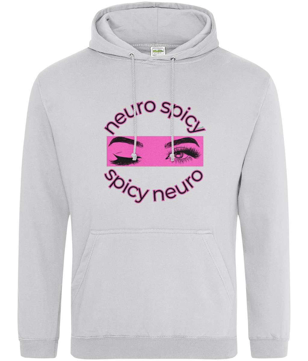 Gray hoodie with 'neuro spicy spicy neuro' text and eye graphic on a white background