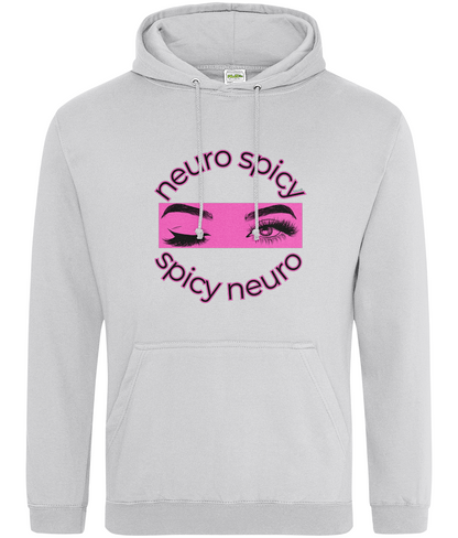 Gray hoodie with 'neuro spicy spicy neuro' text and eye graphic on a white background