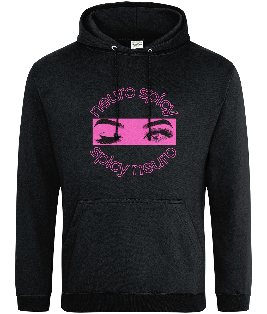 Black hoodie with pink graphic and text on a white background