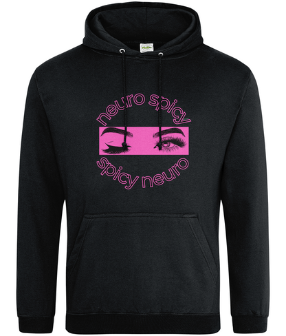 Black hoodie with pink graphic and text on a white background