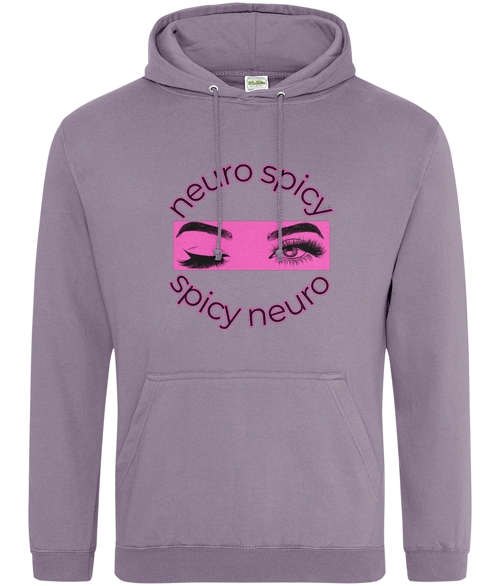 Purple hoodie with 'neuro spicy' and 'spicy neuro' text design on a white background