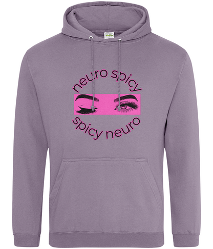 Purple hoodie with 'neuro spicy' and 'spicy neuro' text design on a white background