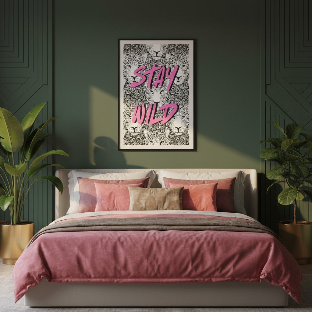 dark green wall styled with STAY WILD Art print by KALMii
