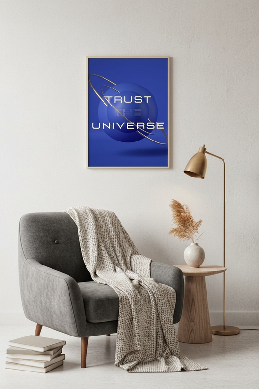 Gray armchair with a blanket, side table, and lamp in a room with a motivational poster on the wall, poster reads 'TRUST THE UNIVERSE'