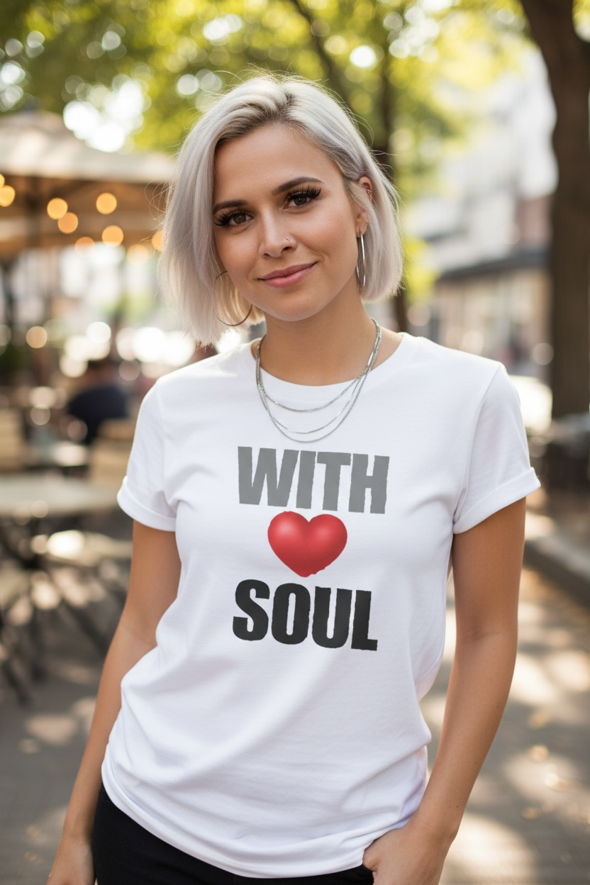 Woman wearing a white t-shirt with 'WITH SOUL' text and heart graphic  BY KALMii outdoors.