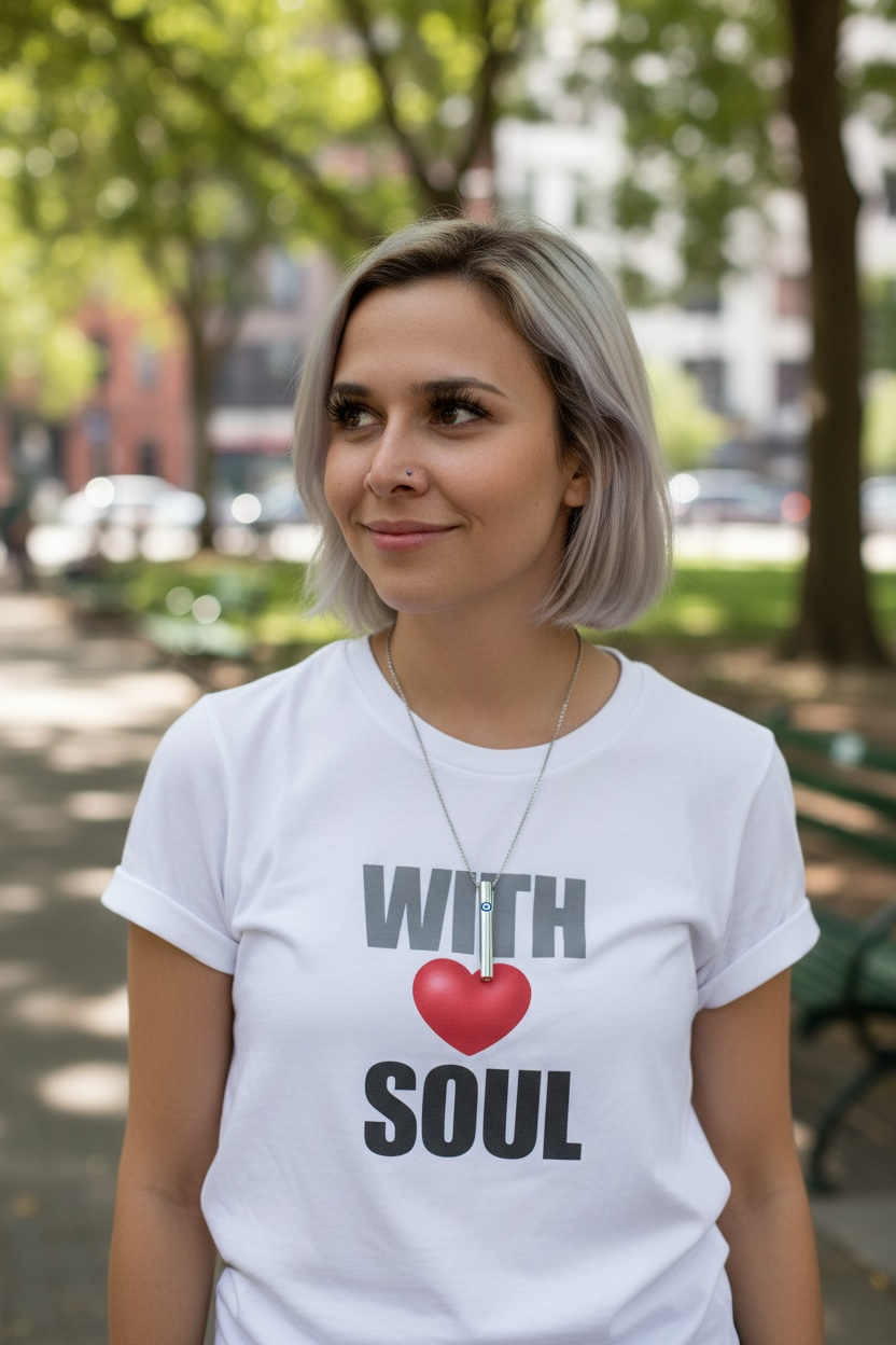 Woman wearing a white t-shirt with 'WITH SOUL' design in a park and wearing KALMii Anxiety Necklace