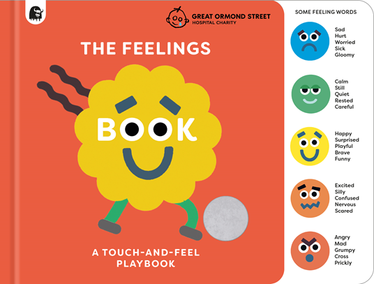 Book titled 'The Feelings Book' with a colorful cover featuring a smiley face character, on an orange background.