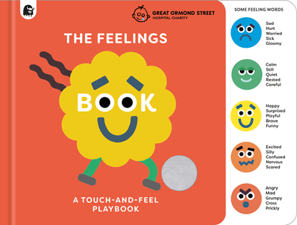 Book titled 'The Feelings Book' with a colorful cover featuring a smiley face character, on an orange background.