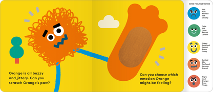 Children's book page with an orange character and a question about emotions on a yellow background