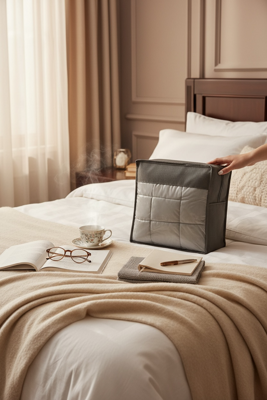 luxury weighted blanket in carry bag on a bed