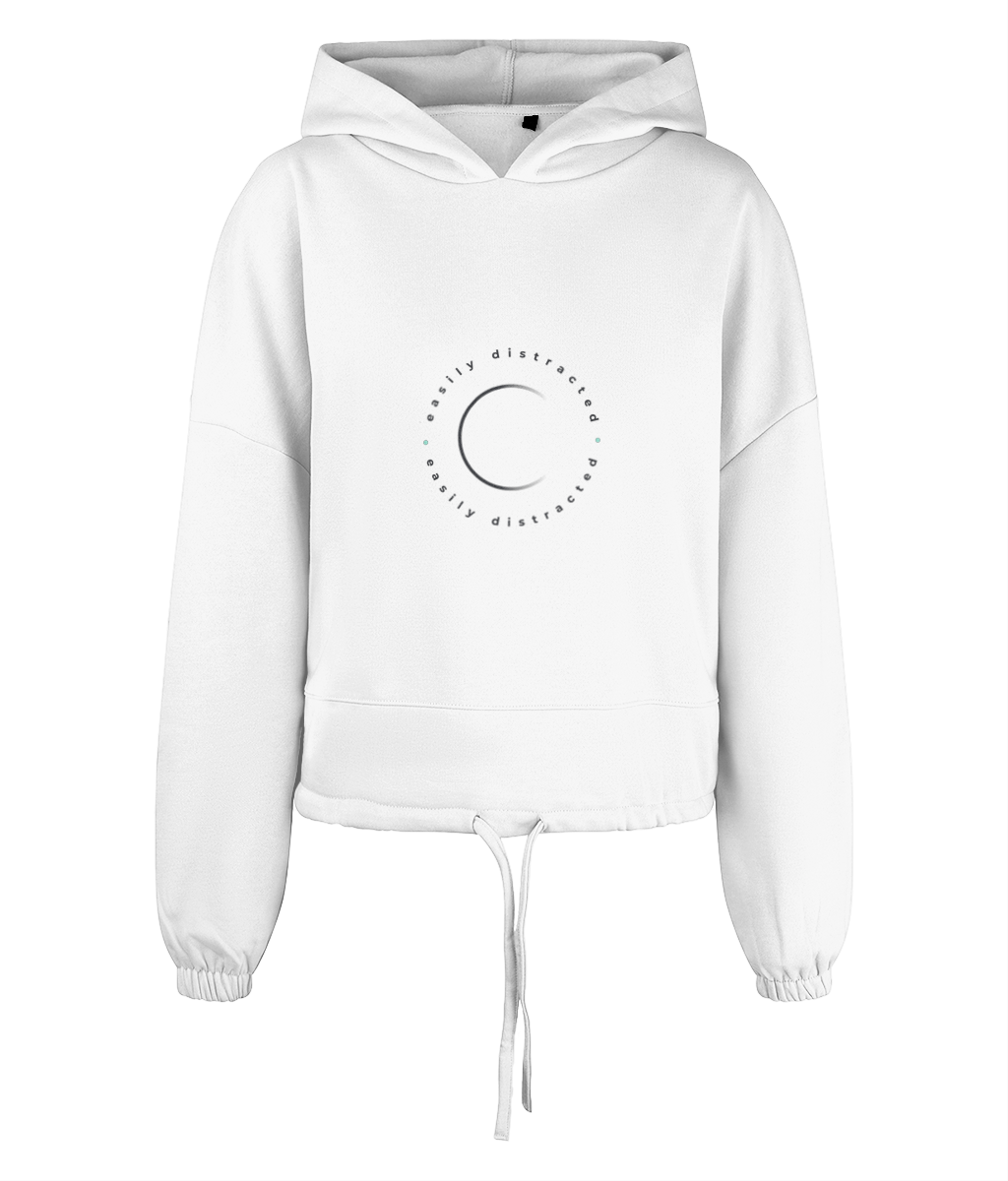 White hoodie with a circular logo on a white background