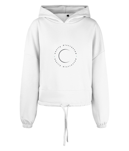 White hoodie with a circular logo on a white background