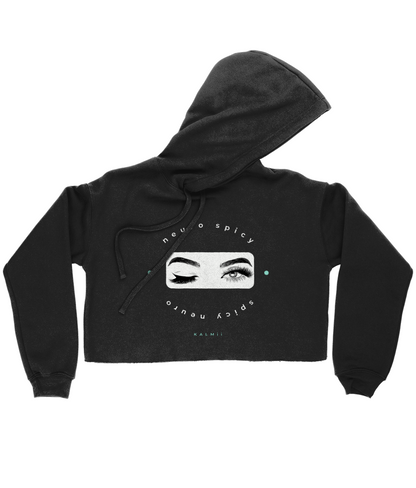 Black cropped hoodie with graphic design on a white background