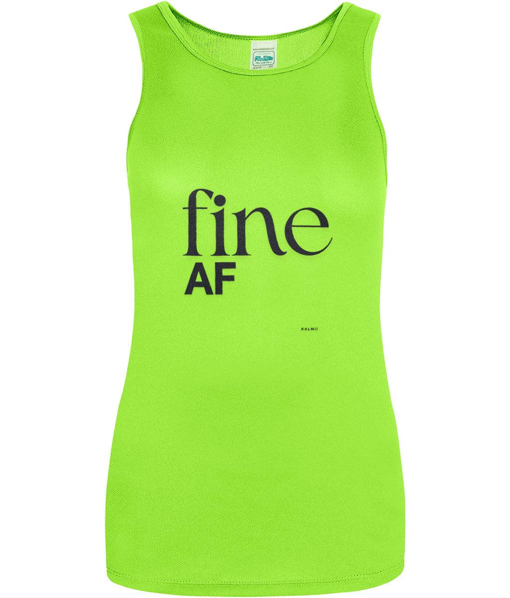 longline white sleeveless vest with black text reading 'fine AF'on white background