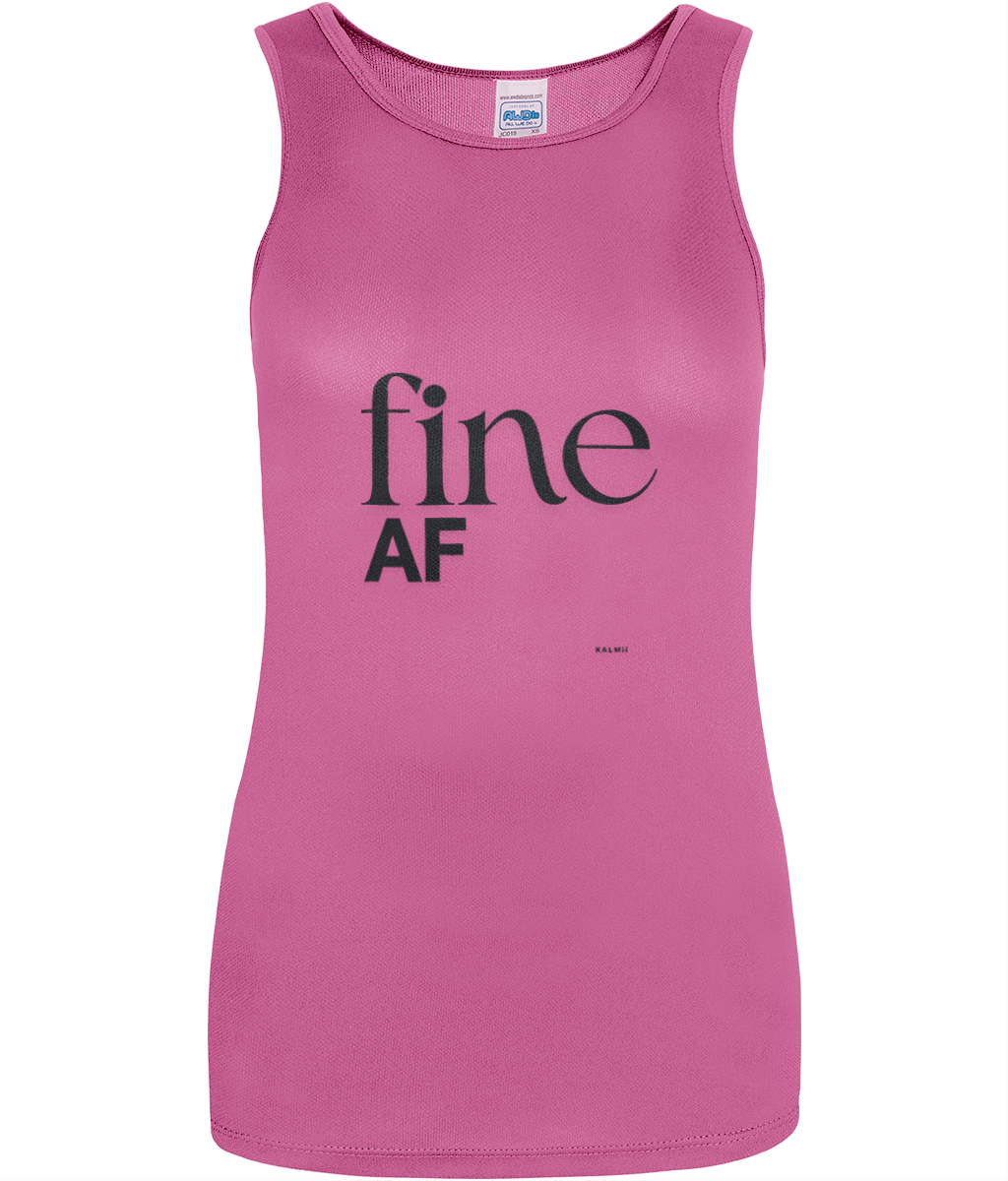 longline pink sleeveless vest with black text reading 'fine AF'on white background
