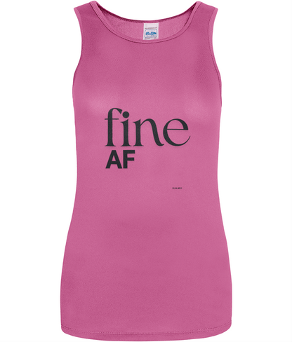 longline pink sleeveless vest with black text reading 'fine AF'on white background