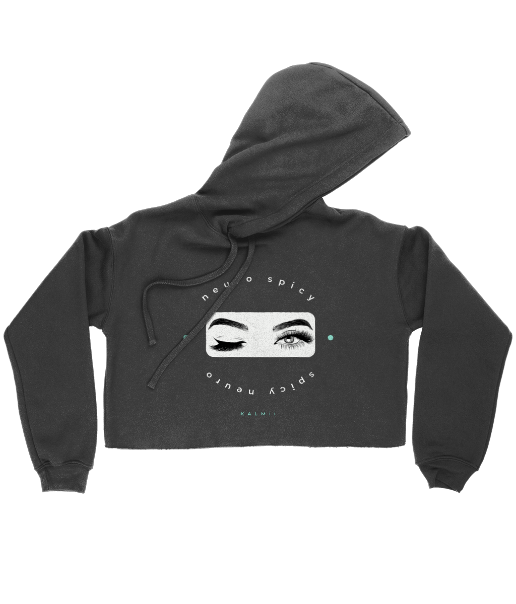 Black cropped hoodie with eye graphic and text on a white background