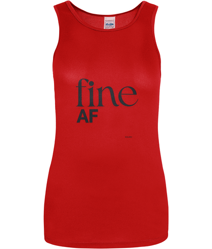 longline red sleeveless vest with black text reading 'fine AF'on white background