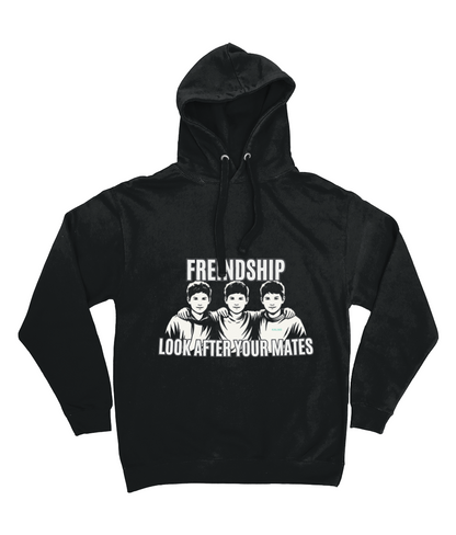 Black hoodie with graphic of three people and text on a white background