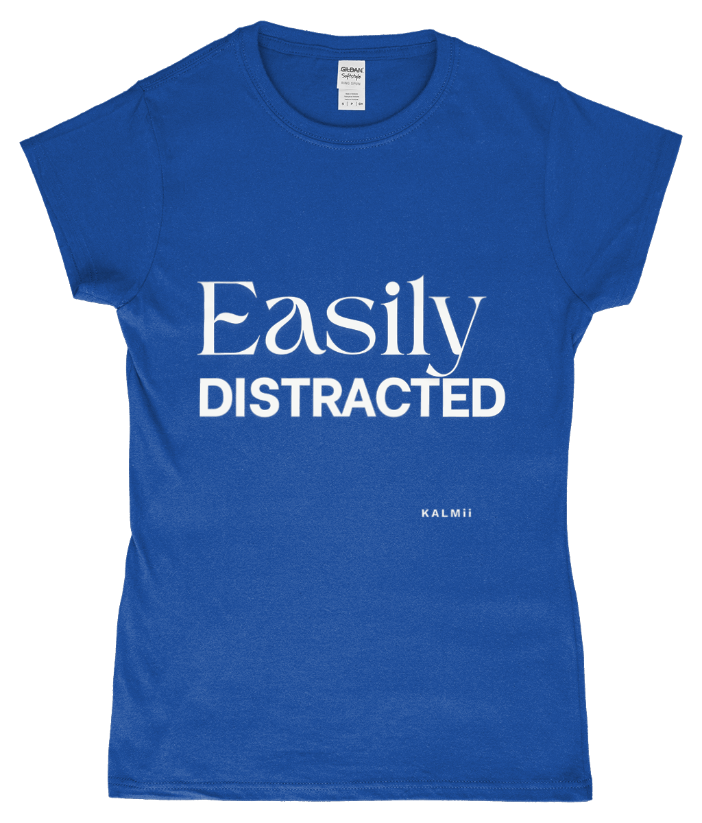 Front of tee with the text 'Easily Distracted' in blue