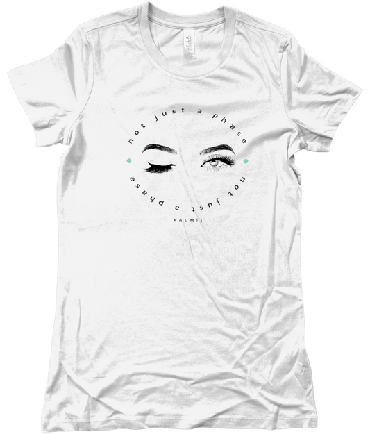 White t-shirt with graphic design and text on a white background