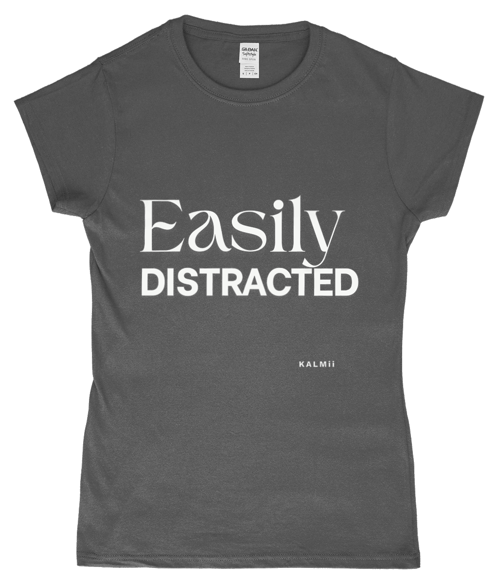 Front of tee with the text 'Easily Distracted' in grey