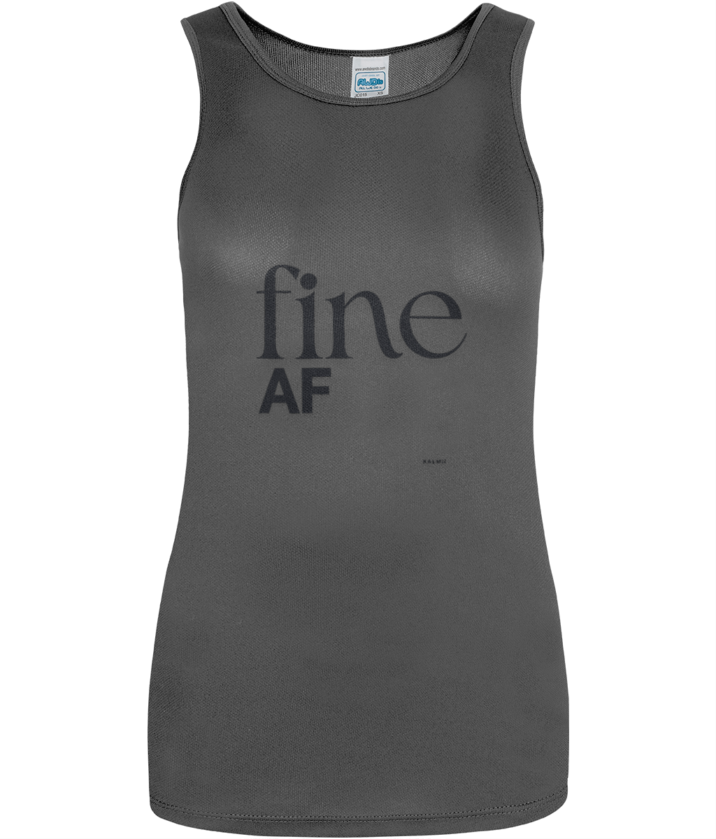 longline sleeveless vest with black text reading 'fine AF'on white background
