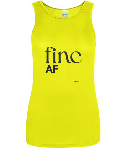 longline yellow sleeveless vest with black text reading 'fine AF'on white background