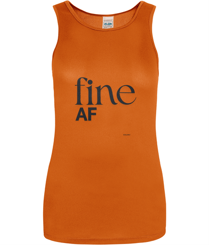 longline white sleeveless vest with black text reading 'fine AF'on white background