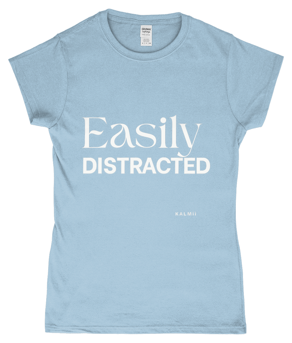 Front of tee with the text 'Easily Distracted' in light blue