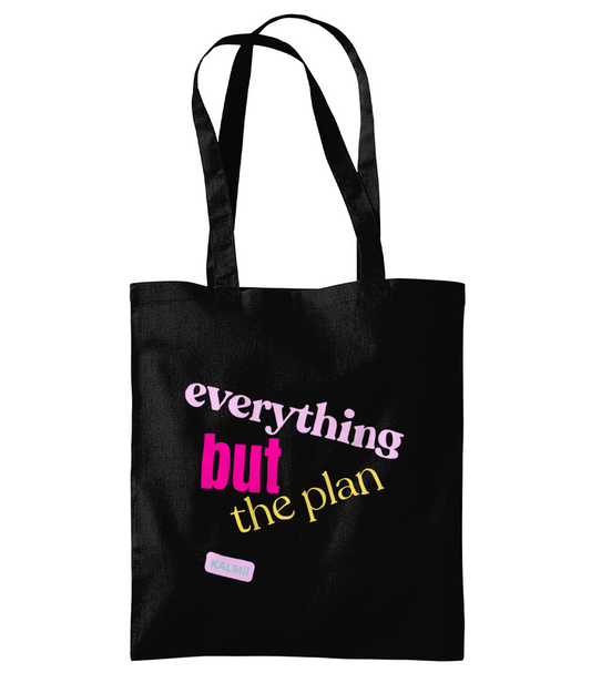 Black tote bag with colorful text on a white background