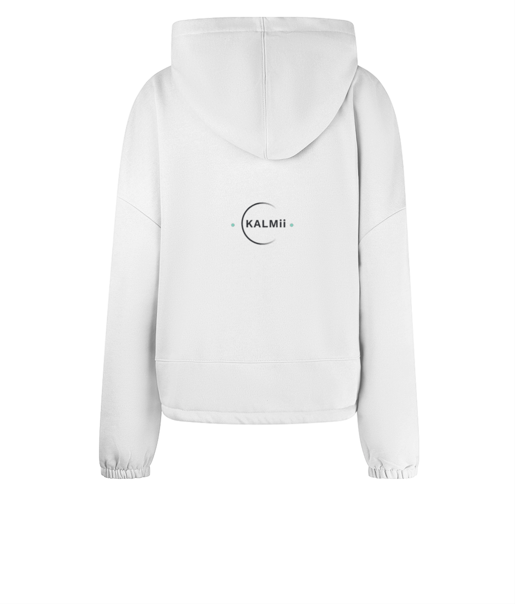 White hoodie with 'KALMii' logo on the back against a white background