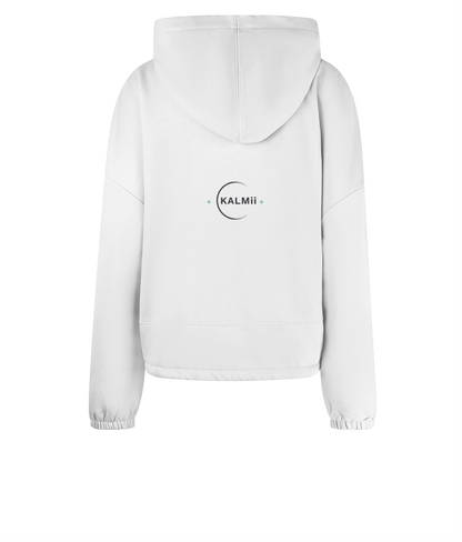 White hoodie with 'KALMii' logo on the back against a white background