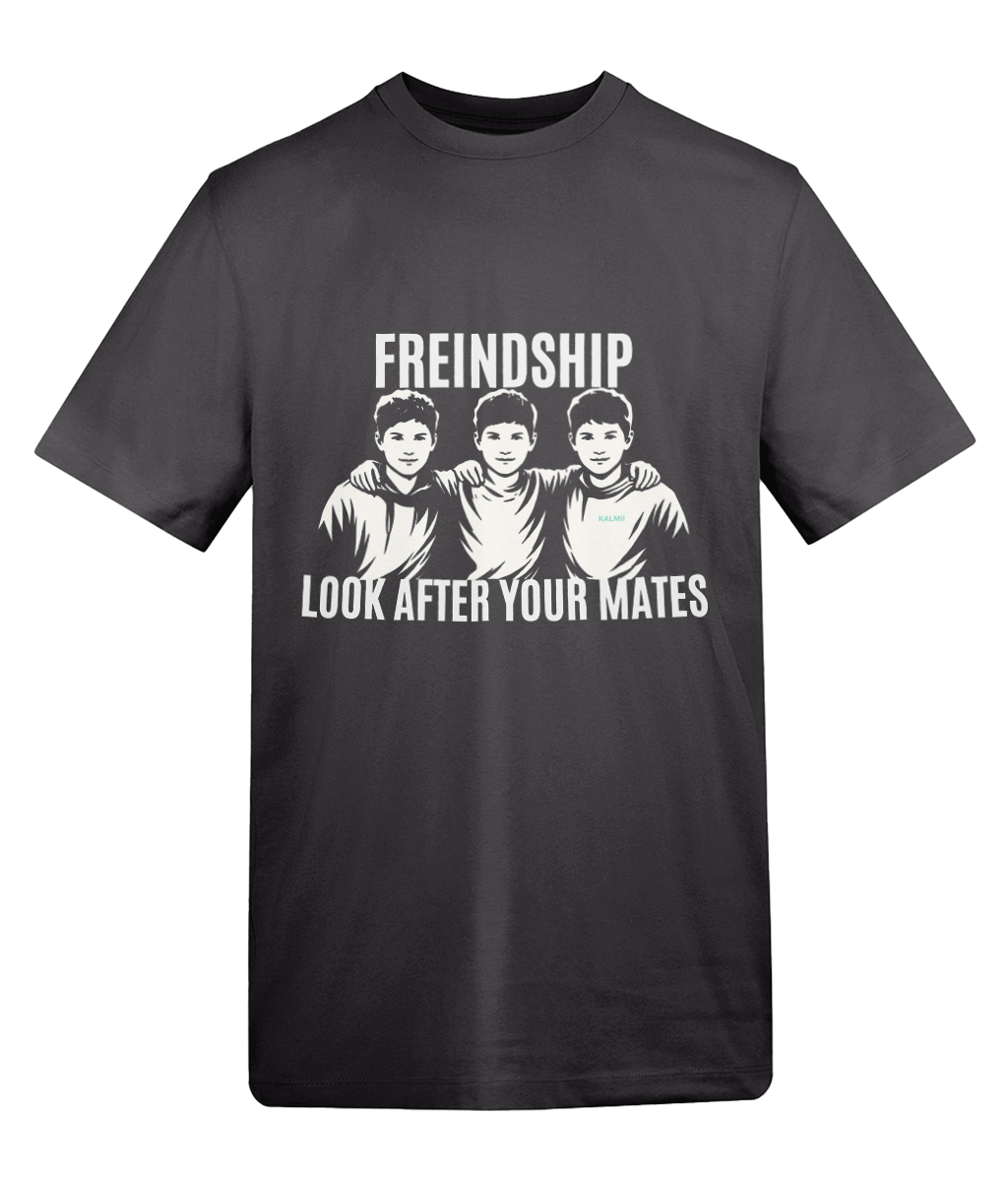 Black t-shirt with white graphic and text on a white background