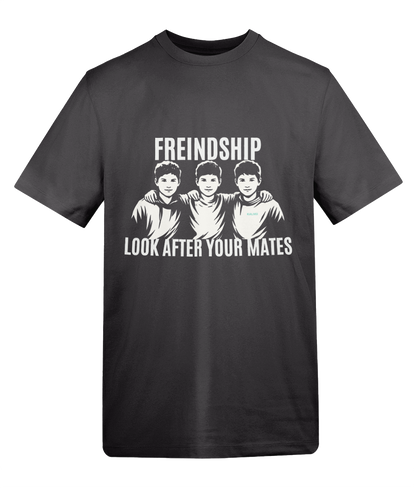 Black t-shirt with white graphic and text on a white background