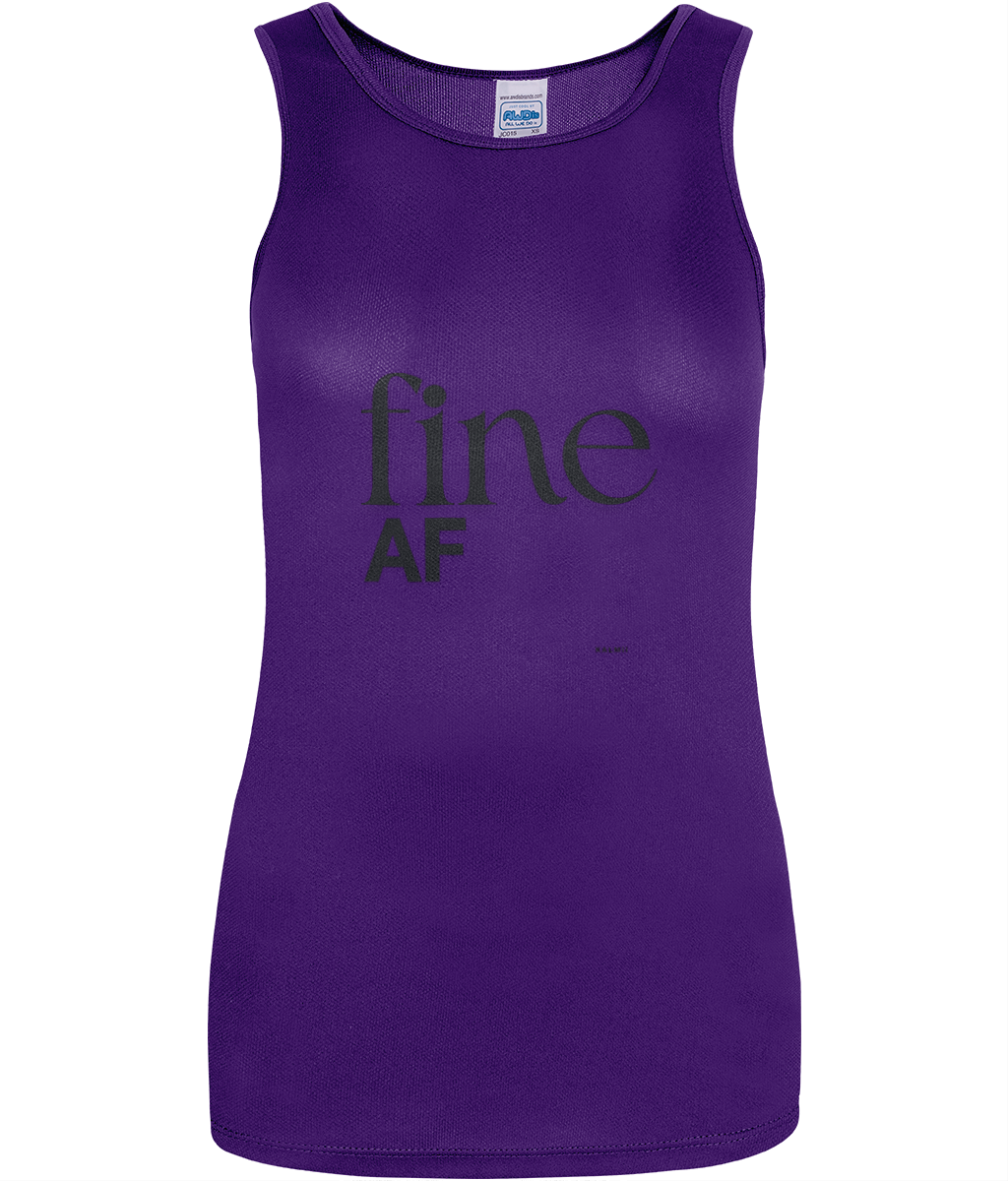 longline purple sleeveless vest with black text reading 'fine AF'on white background