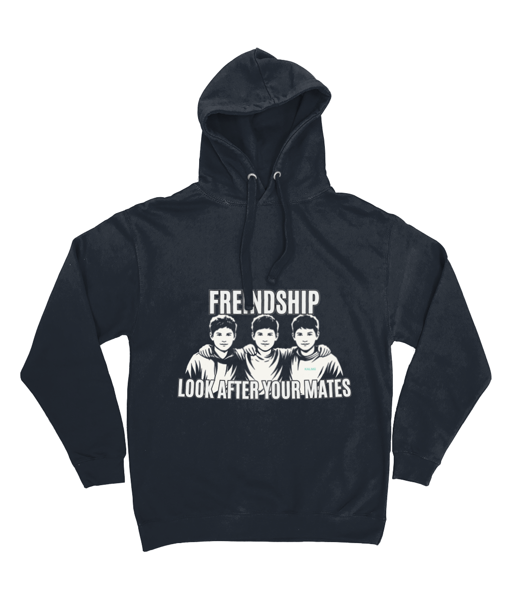 Black hoodie with graphic design and text on a white background