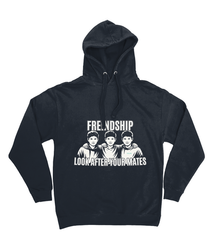 Black hoodie with graphic design and text on a white background
