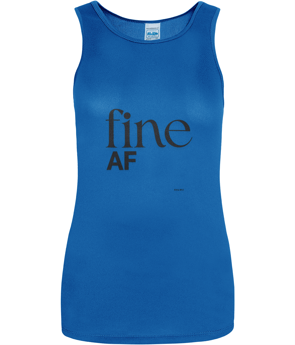longline blue sleeveless vest with black text reading 'fine AF'on white background