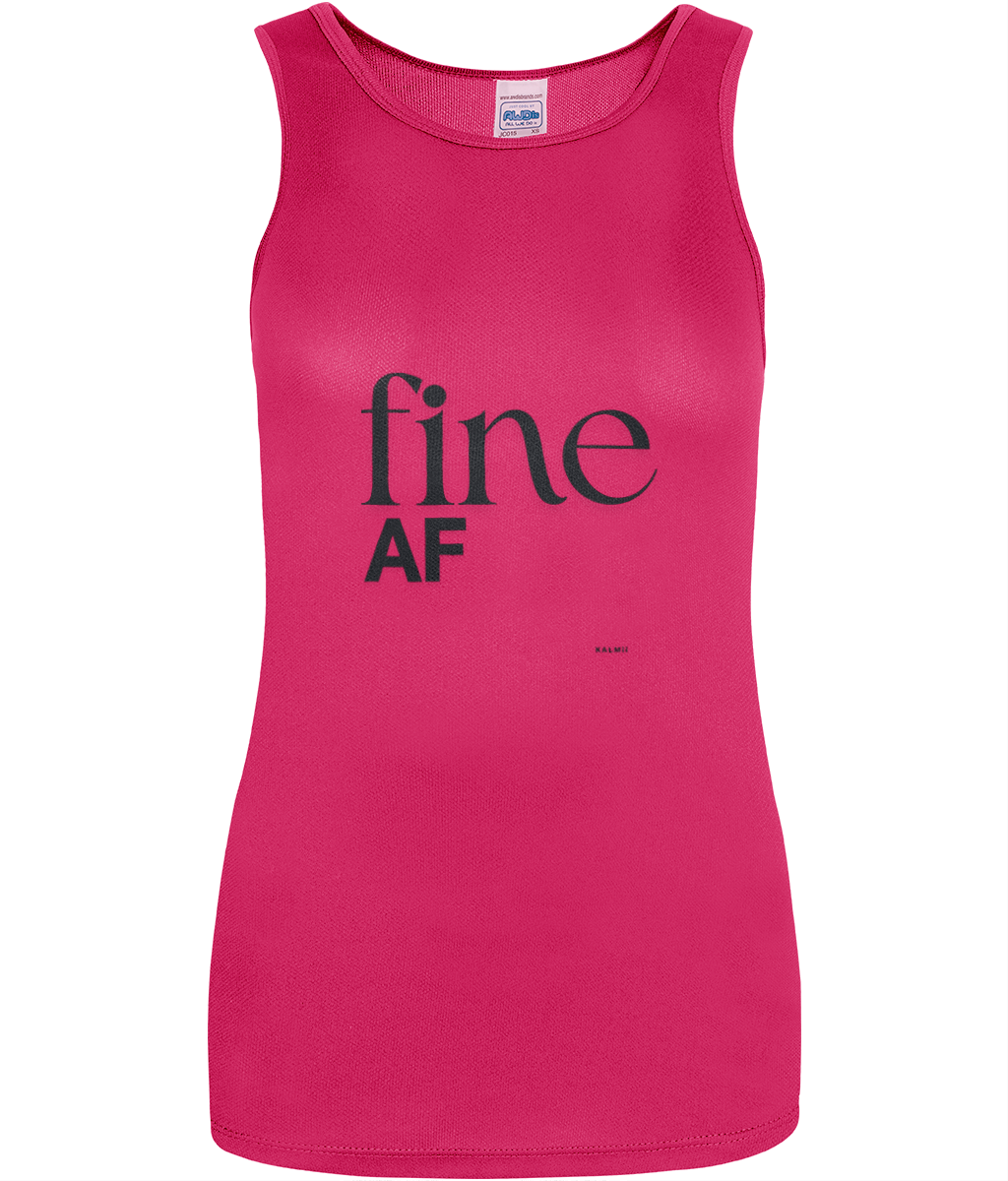 longline pink sleeveless vest with black text reading 'fine AF'on white background