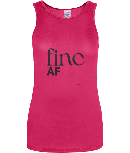longline pink sleeveless vest with black text reading 'fine AF'on white background