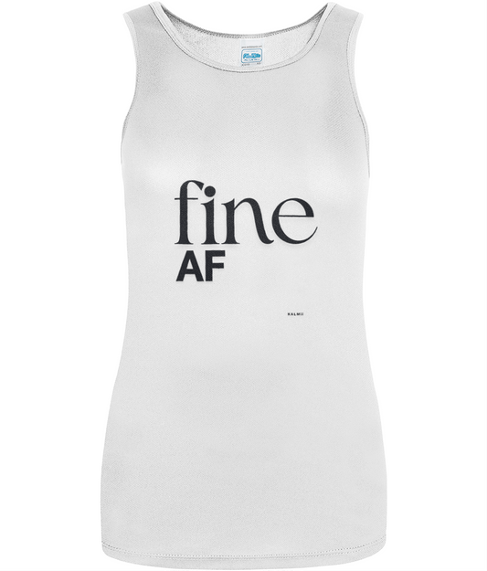 longline white sleeveless vest with black text reading 'fine AF'on white background