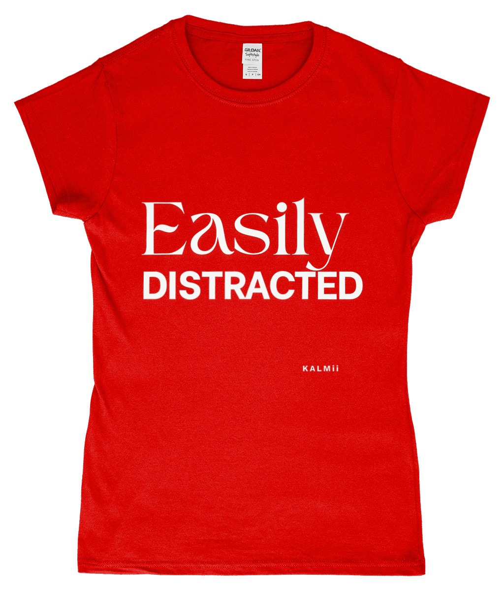 Front of tee with the text 'Easily Distracted' in orange/red