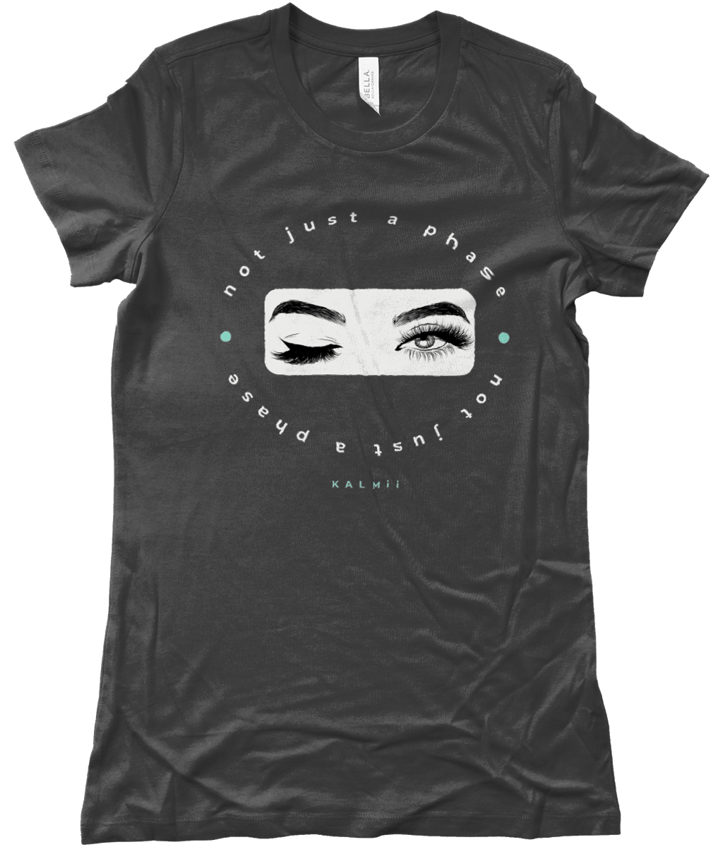 Black t-shirt with eye graphic and text on a white background