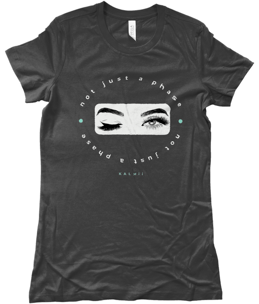 Black t-shirt with eye graphic and text on a white background