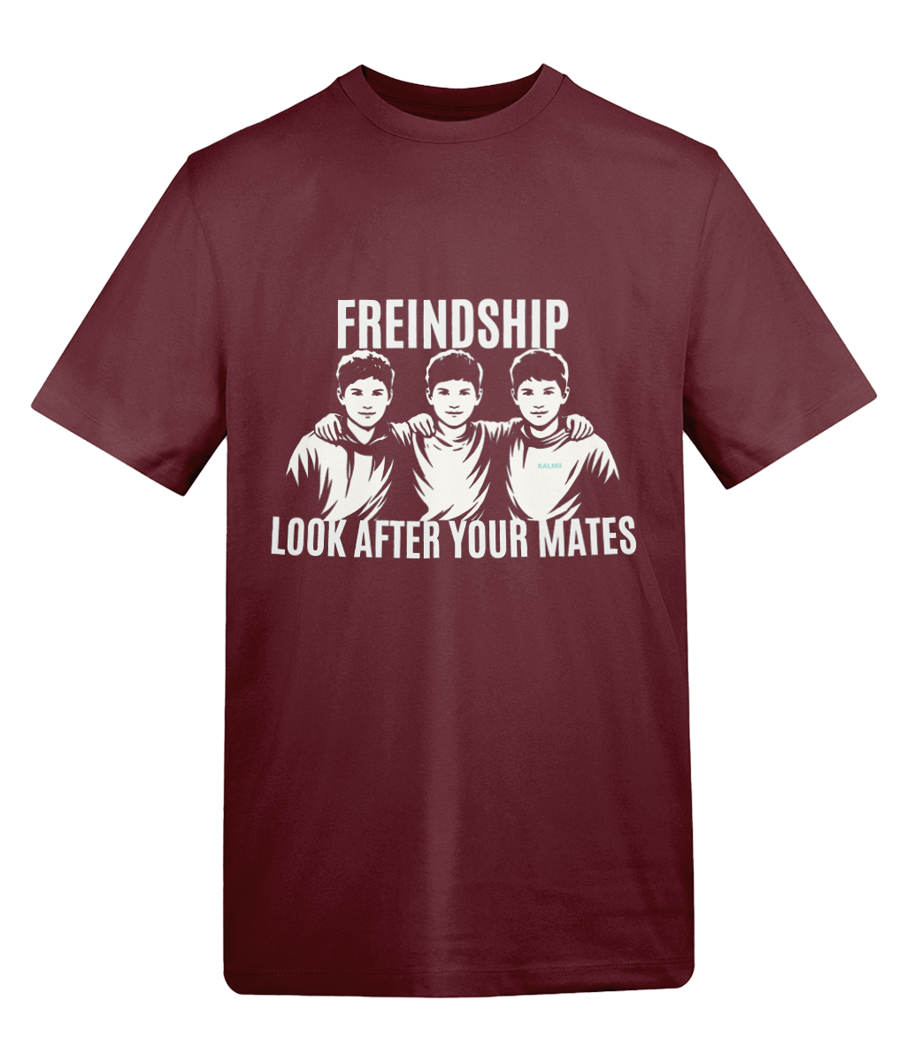 Maroon t-shirt with white graphic and text on a white background