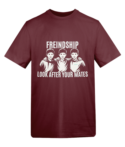 Maroon t-shirt with white graphic and text on a white background